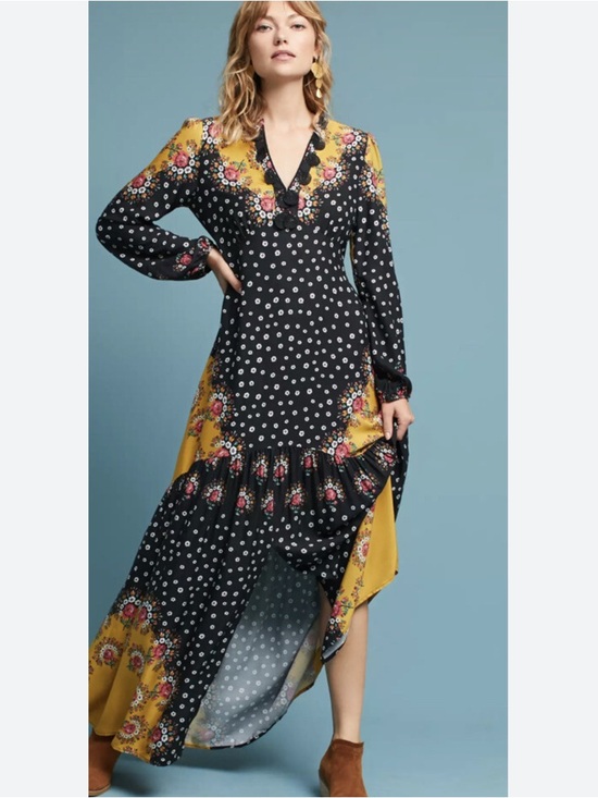 FARM Rio Dresses & Skirts - Farm Rio Floral-Blocked Maxi Dress in Black and Mustard